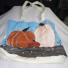 Foldable Canvas Reusable Shopping Bag Pumpkin Print Orange White Blue