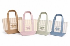 EBIN Striped Canvas Reusable Tote Bag w/ Front Pocket Beige Pink Sage Blue