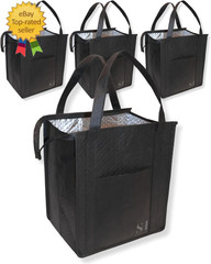 Black Insulated Grocery Bags, 4 Pack Reusable Shopping Bags with Zippered Top