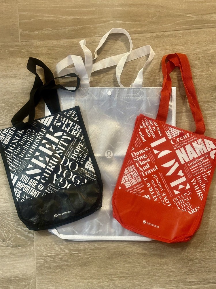 3 LULULEMON Reusable Shopping Totes Bags: Large Silver, Small Red & Black
