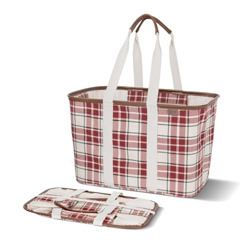 CLEVERMADE COLLAPSIBLE LUXE TOTE – REUSABLE GROCERY TOTE RED CHECKER