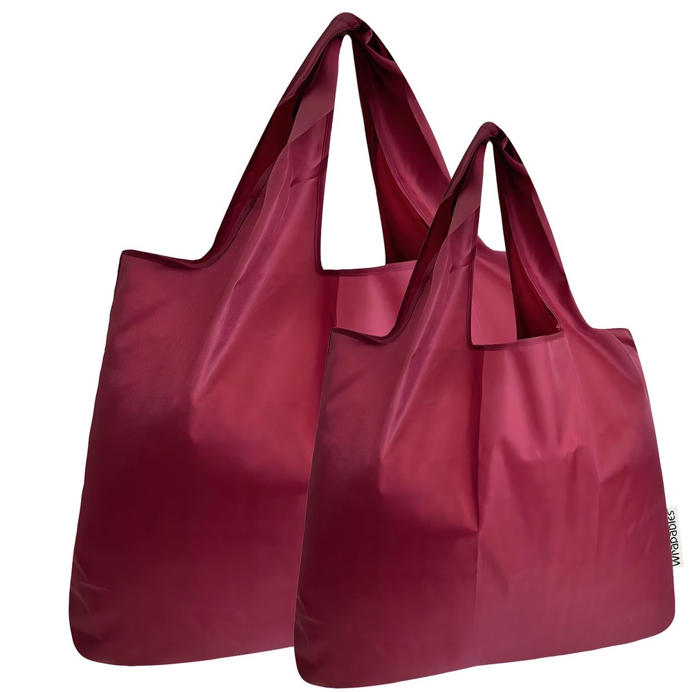 Large & Small Foldable Tote Nylon Reusable Grocery Bags Set of 2 Burgundy