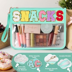 Snack Bag for Travel – Clear Chenille Varsity Letter Flat Large, Snack-Green