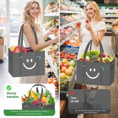 3 PCS Reusable Grocery Bags Collapsible Tote Shopping Sturdy Handles Grey