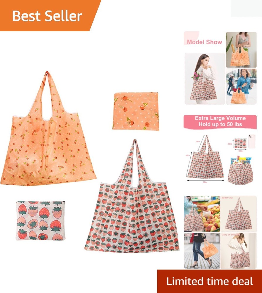 Stylish Fruit Pattern Reusable Grocery Bags – Extra Large, Eco-Friendly, 2 Pack