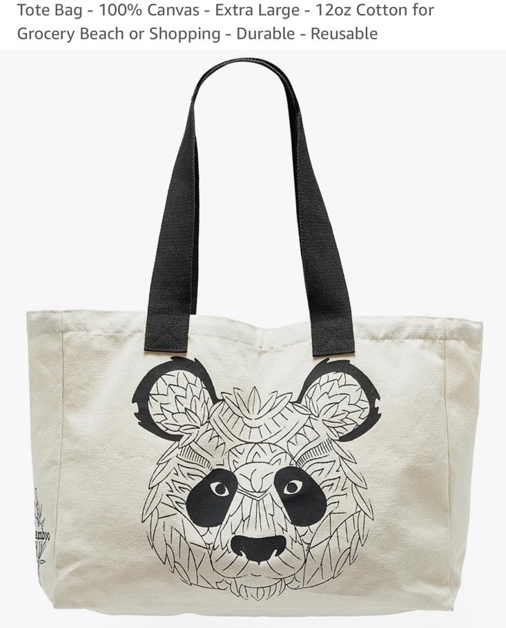 New Extra Large Cute Panda Cotton Canvas Tote Bag, Reusable Bag