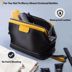 Genuine Leather Toiletry Bag for Men & Women – Large Waterproof Travel Black
