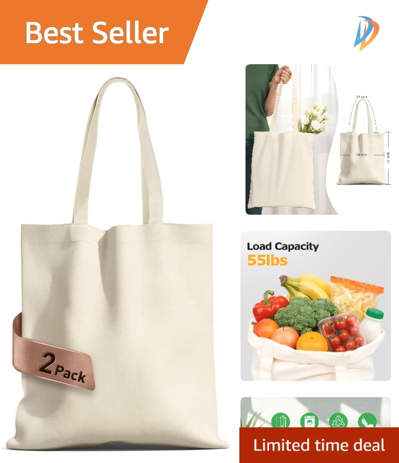 Reusable Canvas Tote Bags – 55 lb Capacity, Machine Washable, 2 Pack