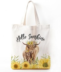 Sunflower Highland Cow Print Canvas Tote Bag For Women, Western Tote Bag Sunf…