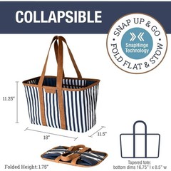 30L Navy Striped Collapsible Utility Tote Bag Reusable Organizer for Travel S…