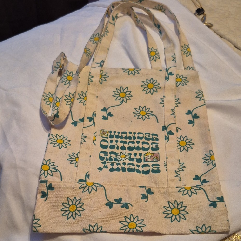 Reusable Canvas Shopping Bag Foldable Adjustable Strap Inner Pocket Floral Print
