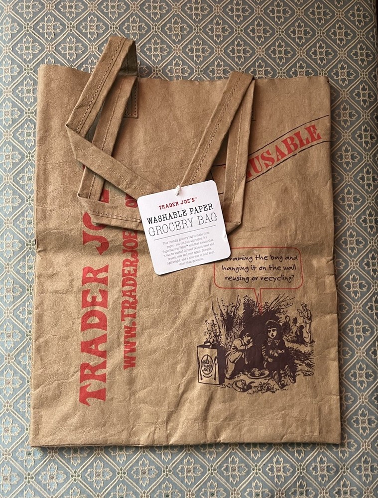 Trader Joe’s Washable Paper Reusable Shopping Bag Brown Red Medium Foldable