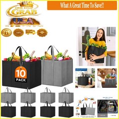 10 Pack Reusable Grocery Tote Bags Large Foldable Eco Produce Bags Grey Black