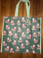 TJX Shopping Bag Green With Brown SANTA Teddy 🧸 Bears Reusable Tote Bag 18×19.5