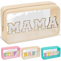 Chenille Letter Clear Makeup Bags Mama Pouch, 10.7*6.7*3.6 inches, MAMA-Beige