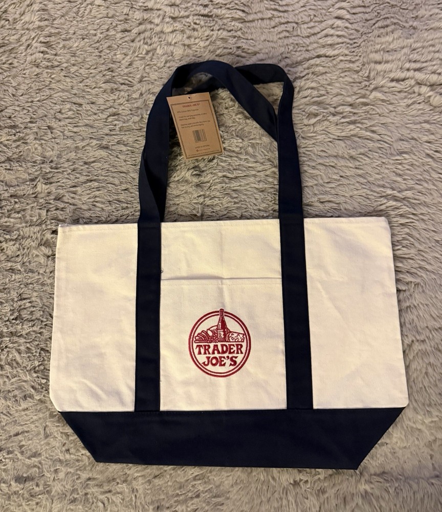 Trader Joe’s Canvas Foldable Reusable Shopping Bag White Navy Blue Red