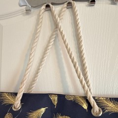 Blue/Gold Feather Print Fabric Tote Bag Rope Handles Zip Closure 20x6x15