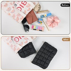 Puchifoda 2 Pack Quilted Makeup Bag,Puffy Cosmetic Bags Checkered Make Black