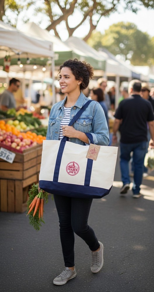 Trader Joe’s Large Reusable Foldable Cotton Shopping Bag Beige Navy Blue