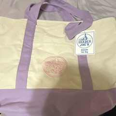 Trader Joe’s Reusable Tote Bag Large Foldable Purple Beige Cotton 22x6x14 in