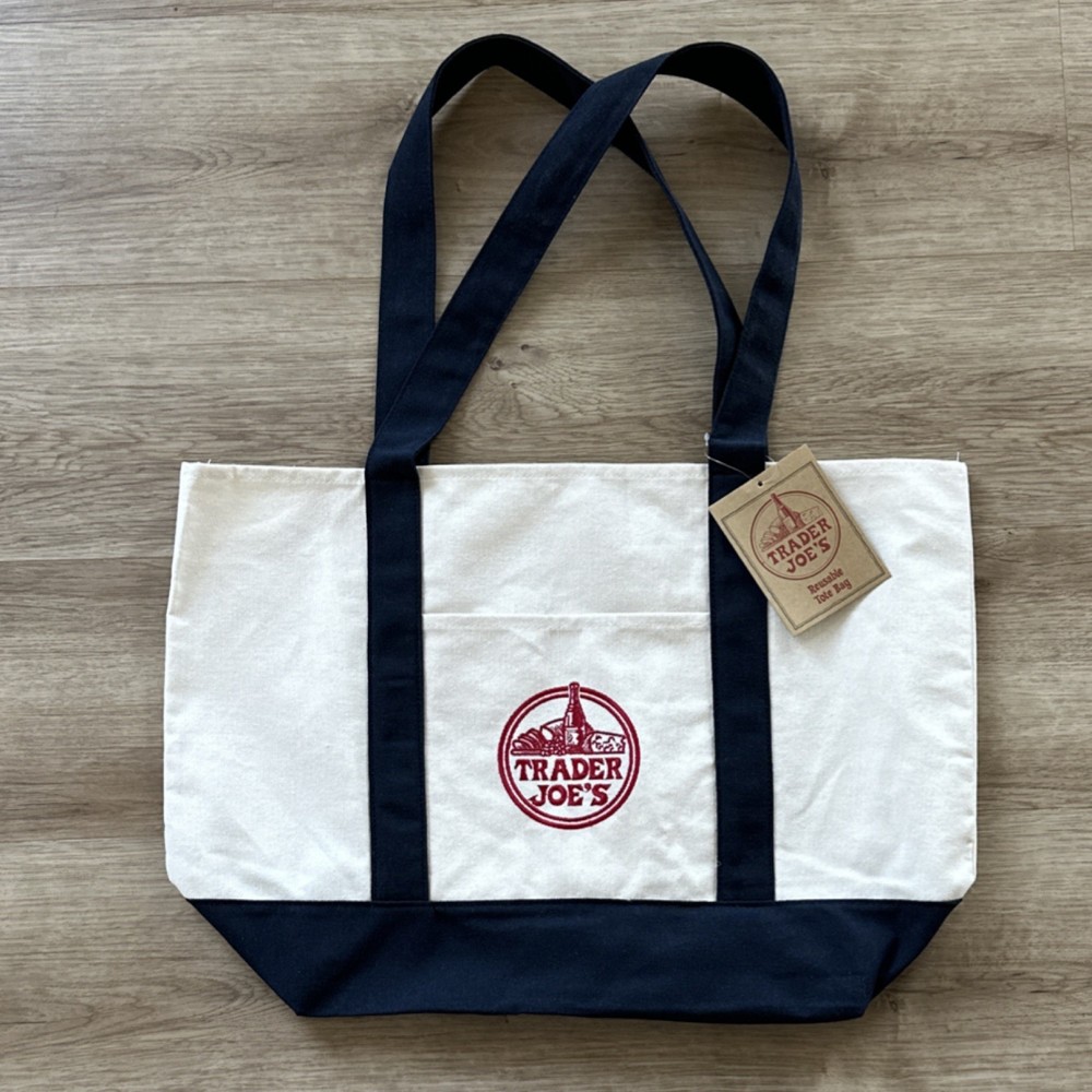 Trader Joe’s Canvas Reusable Shopping Bag Foldable Beige Navy Blue