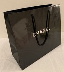 Authentic CHANEL Paper Shopping Bag Rope Handle Glossy Black 10.5 x9 x4.5”