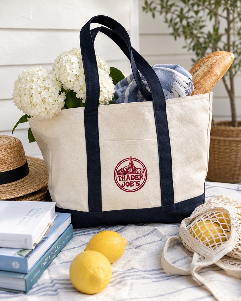 Trader Joe’s Canvas Boat & Tote Bag Navy Natural Embroidered Logo Large HTF