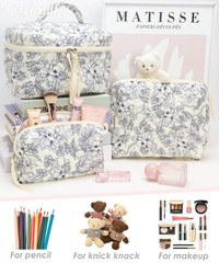 PAZIMIIK 3PCS Makeup Bag SET Large Travel Quilted 3 PCS SET, Flower Beige