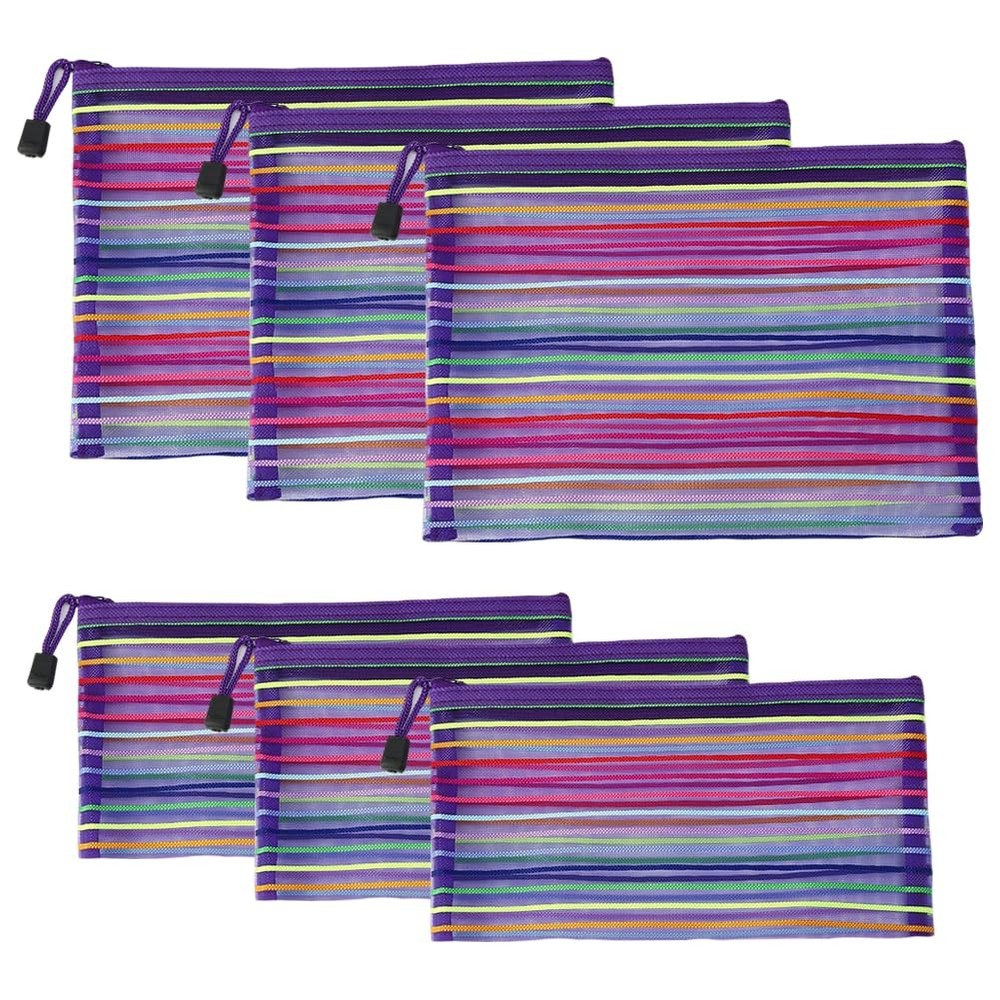 6 Pcs Striped Mesh Zipper Pouches Colorful 250 x 180mm, 230 x 115mm, Purple