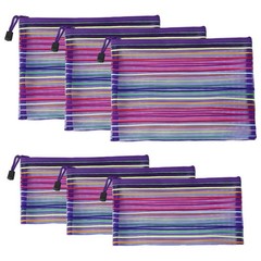 6 Pcs Striped Mesh Zipper Pouches Colorful 250 x 180mm, 230 x 115mm, Purple
