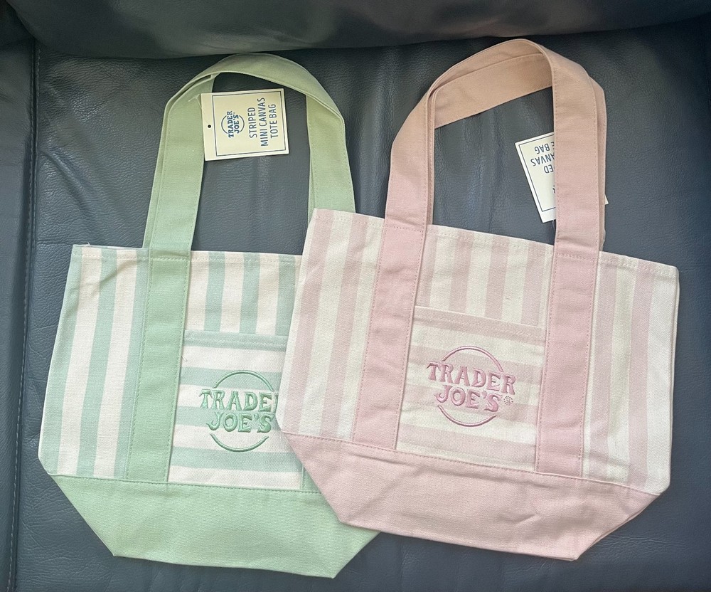 trader joe’s pastel striped mini tote bags 2 pack!!!! green and pink!!!
