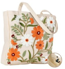 Embroidery Canvas Tote Bag for Women – Reusable Totes with Pocket Leaf Flower