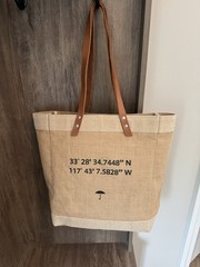 Jute Tote Bag Leather Handles Dana Point CA Coordinates Beach Market Tote