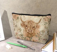 Dejfel Western Highland Cow Makeup Bag,Floral Cows Cosmetic Zipper pink