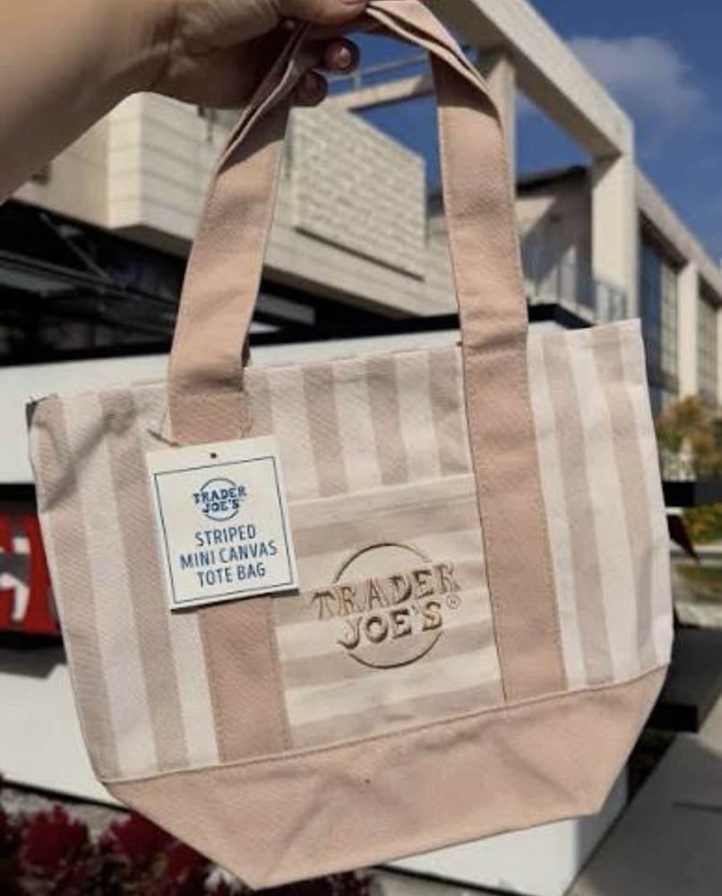 Trader Joe’s Striped Mini Canvas Tote Bag, Beige Canvas, 13x6x11 in