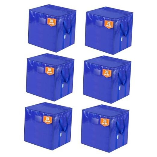 Extra Large Moving Bags with Zippers & Carrying Handles, 6 Pack Blue-75 Gallon