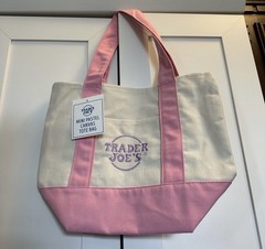 Trader Joe’s Mini Pastel Canvas Tote Bag Small Pink Beige Color Block Foldable
