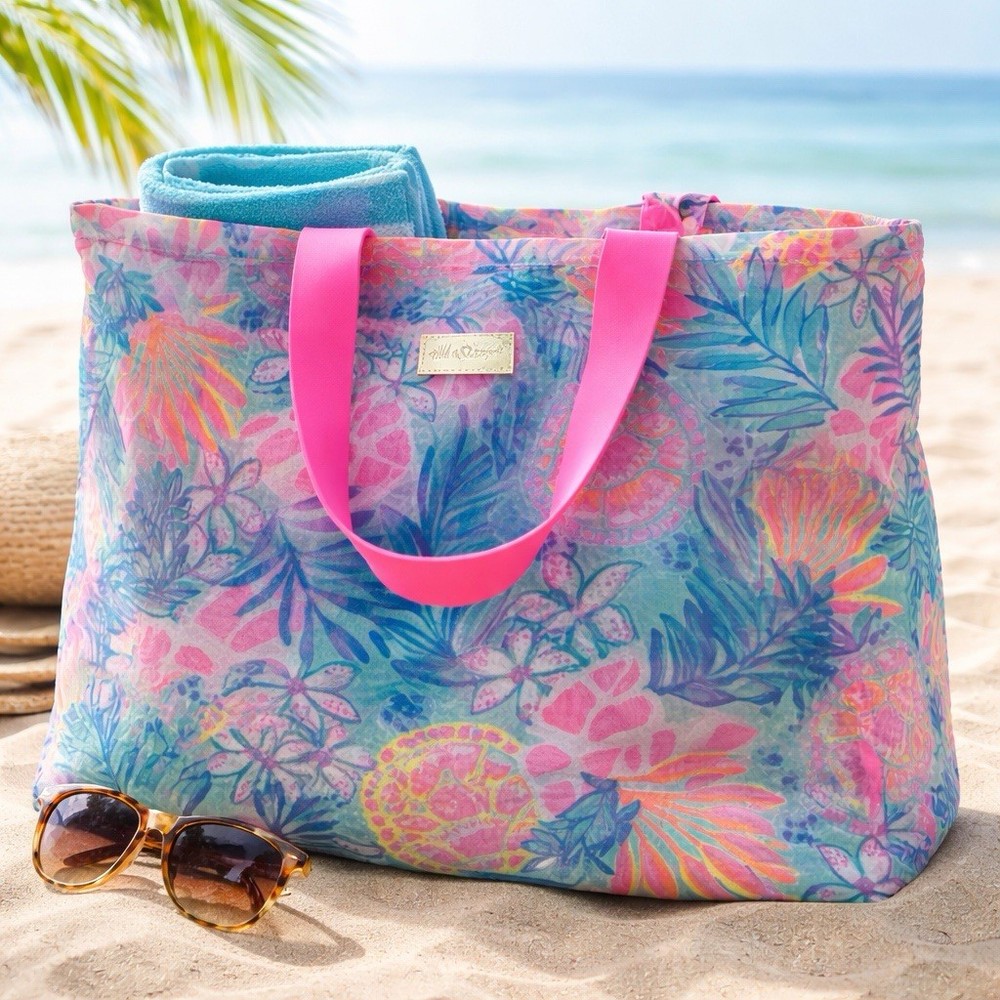 Lilly Pulitzer Mesh Beach Tote Bag Tropical Print Pink Handles Large Pool Travel