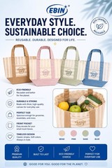 EBIN Striped Canvas Reusable Tote Bag w/ Front Pocket Beige Pink Sage Blue