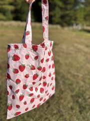Reusable Strawberry Print Tote Bag Pink Red Green All-Over Pattern Shopping