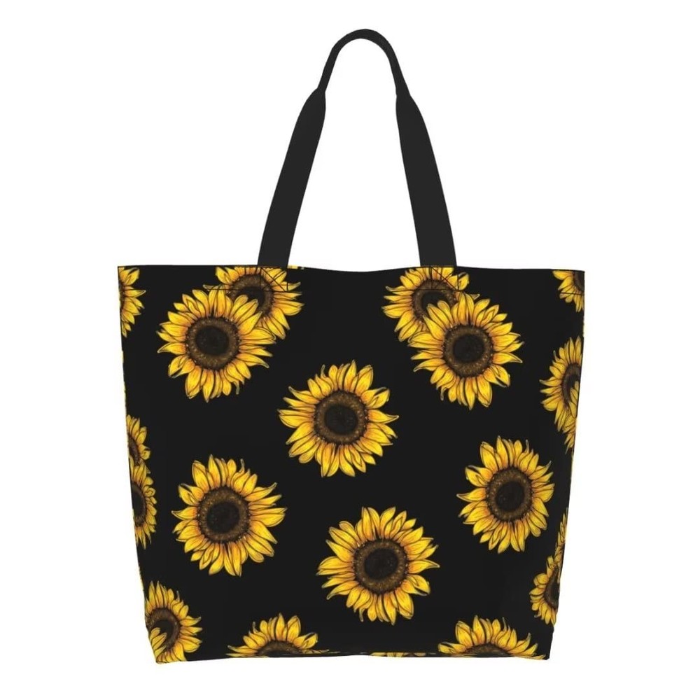 Funny Sunflower Theme Grocery Large Tote Bag Yellow Floral Print Handbags