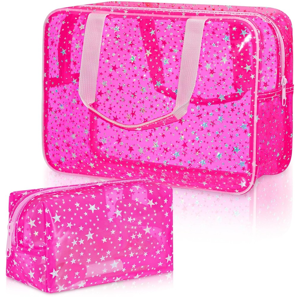 Aliceset 2 Pcs Large Clear Star Makeup Bag 12 x 5 x 8 Inch Cute Cosmetic Pink