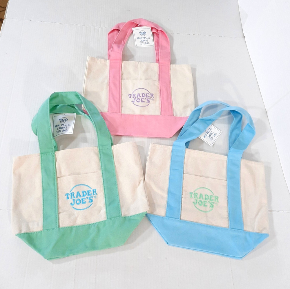 Trader Joe’s Pastel Mini Canvas Tote Bags LIMITED EDITION Set of 3 NWT