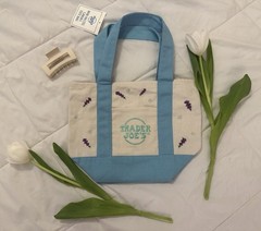 Trader Joe’s Mini Market Tote Bag Blue Beige Floral Canvas Reusable Embroidered