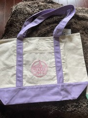 Trader Joe’s Canvas Reusable Shopping Bag Purple Beige Tote Grocery Carry All