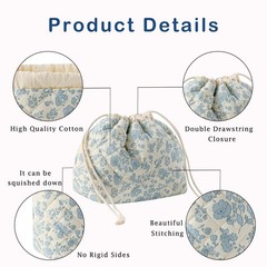 Cotton Quilted Drawstring Makeup Bag with Canvas 02Light Blue Flower