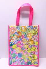 Lilly Pulitzer Reusable Shopping Tote Citrus Pattern Gold Logo Pink Lemon