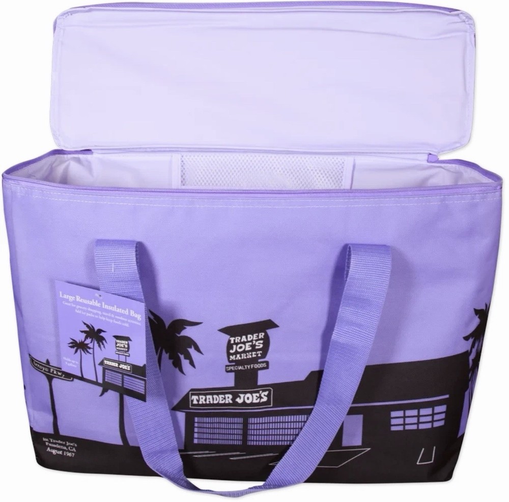 Trader Joe’s XL Lavender Purple Writing Insulated Tote Cooler Market Shopper Bag