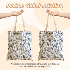 Blue French Floral Canvas Tote Bag – Aesthetic Vintage Print Shoulder Purse f…