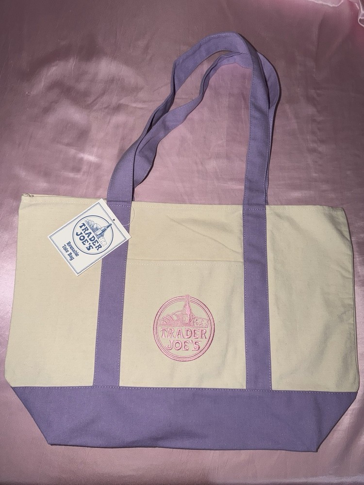 Trader Joe’s Foldable Canvas Reusable Shopping Bag Purple Beige Solid Plain